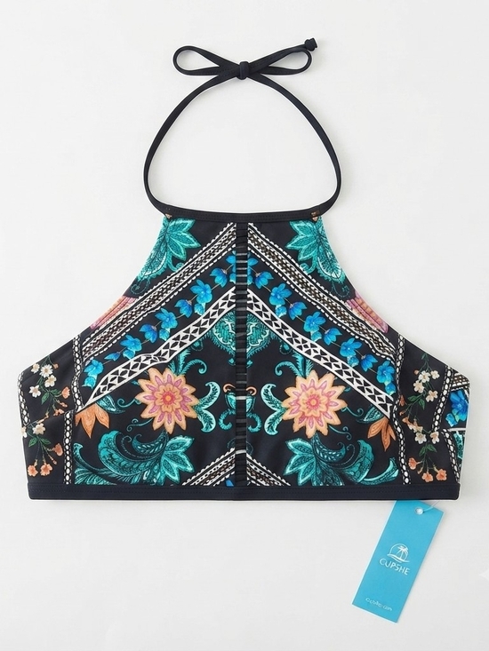 Cupshe Other - Cupshe Black Paisley Floral Swimwear Top with Teal and Orange Accents XS